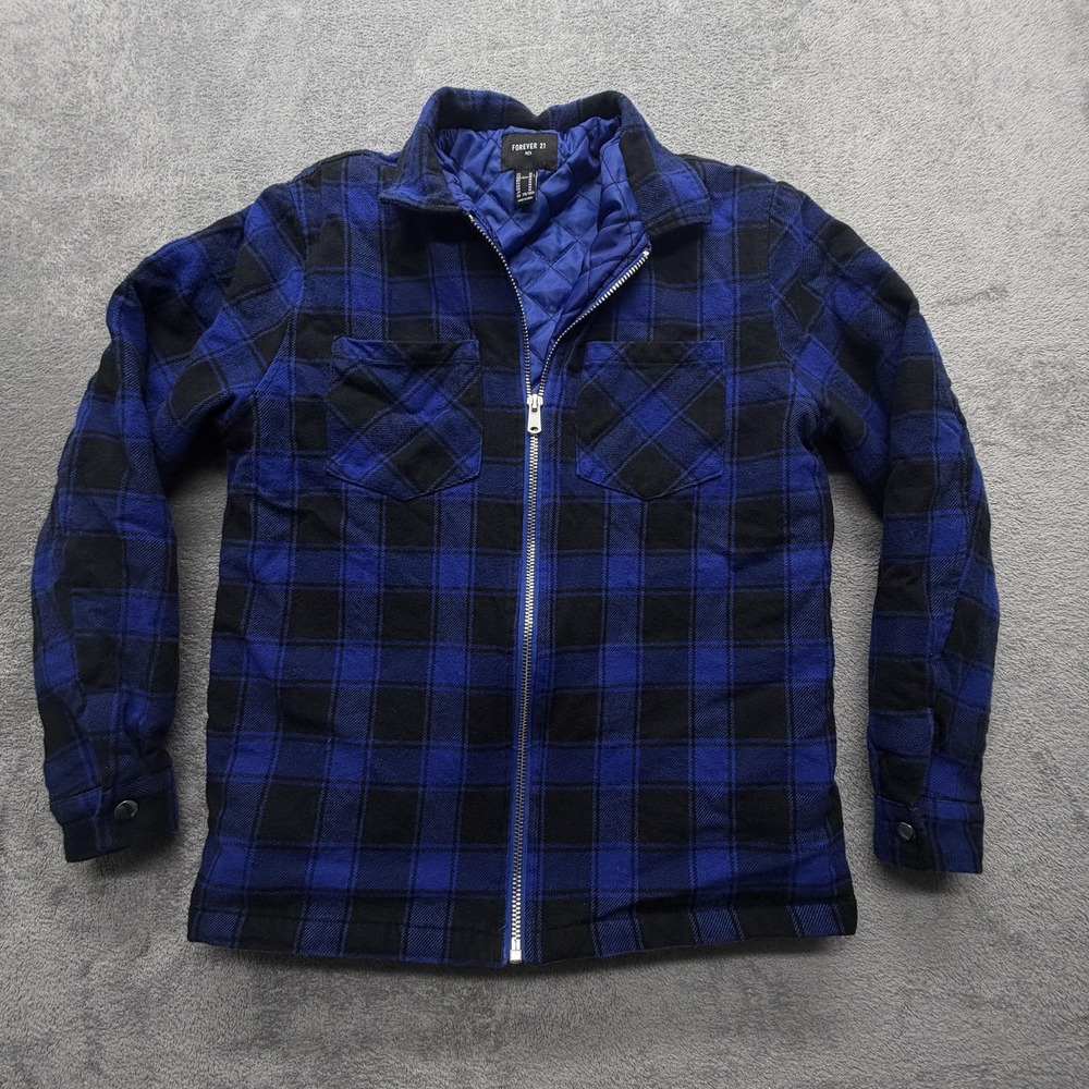 Forever 21 Shirt Jacket Mens Medium Blue Black Quilted Plaid Flannel Lined Zip